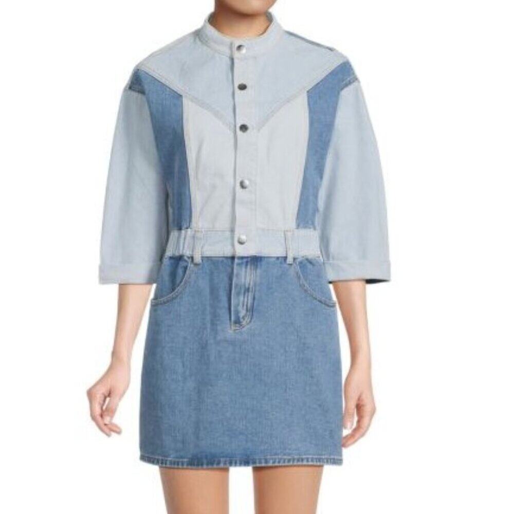 $148 Driftwood Blue Denim Jean Bianca Colorblock Denim Mini Dress Medium Western